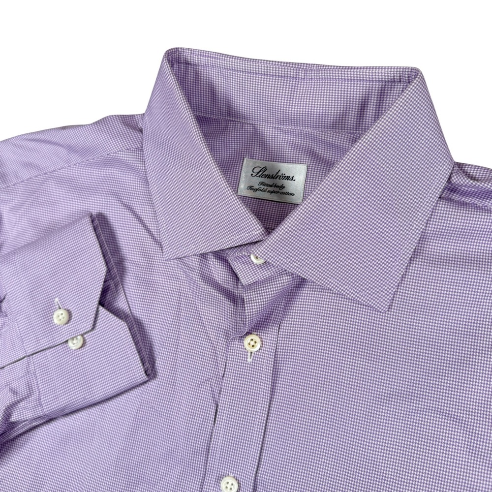 Stenströms Dress Shirt Men 17 Purple Micro Houndstooth Fitted Body Super Cotton